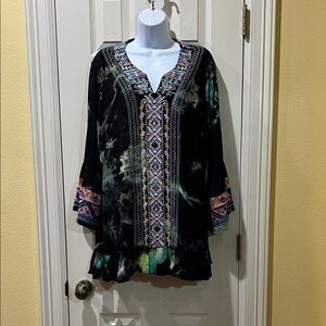 Calessa Womens Embroidered V-Neck Black Tie-Dye Tunic Multicolor Trim Sz XL Boho